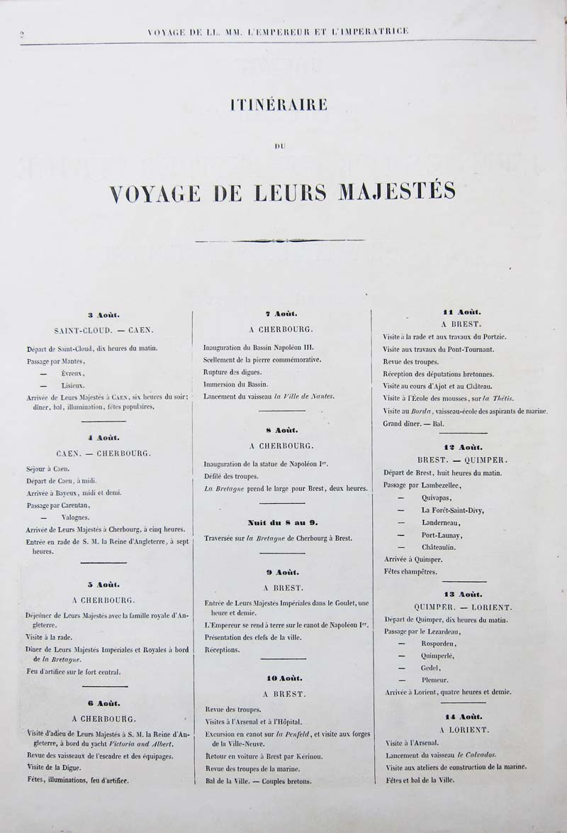 Voyage de leurs Majestés Impériales dans les département de l'Ouest aout 1858, calendrier 1